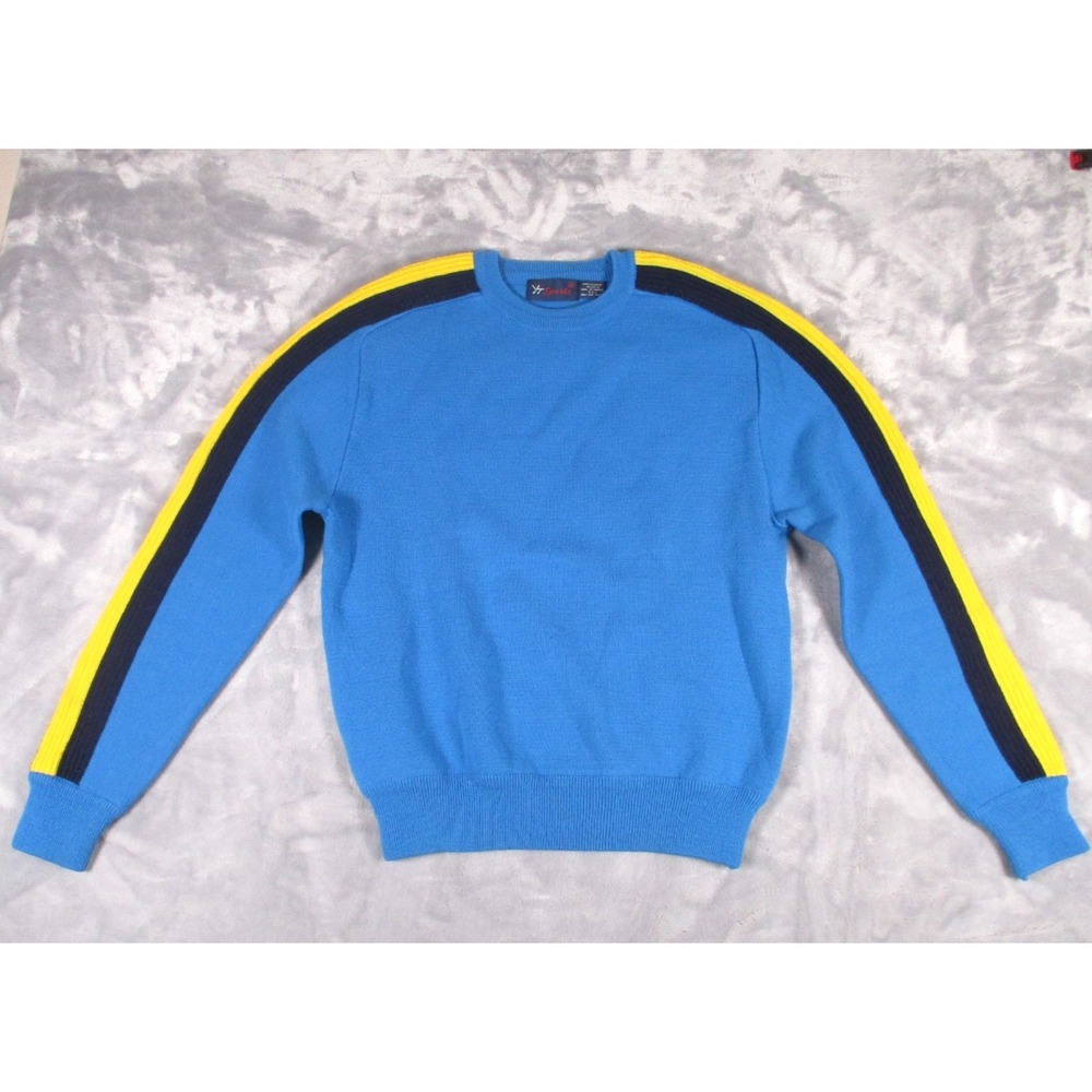 Vtg YT Sports Vintage Sweater Men's‎ Size M Blue w/ Yellow & Navy Blue Stripes